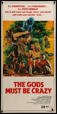 4r726 GODS MUST BE CRAZY Aust daybill '84 Jamie Uys comedy about native African tribe, Mascii art!