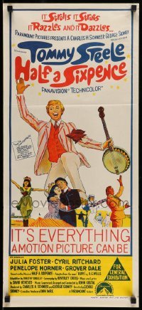 4r737 HALF A SIXPENCE Aust daybill '67 art of smiling Tommy Steele with banjo, from H.G. Wells novel