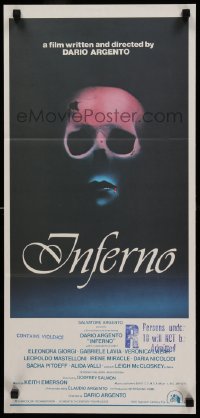 4r761 INFERNO Aust daybill '80 Dario Argento horror, cool skull & bleeding mouth artwork!