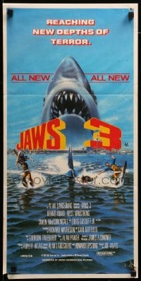 4r763 JAWS 3-D Aust daybill '83 great Gary Meyer shark artwork, different title!