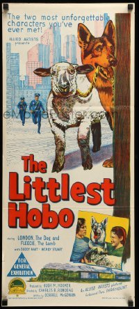4r789 LITTLEST HOBO Aust daybill '58 artwork of German Shepherd taking lamb for a walk!