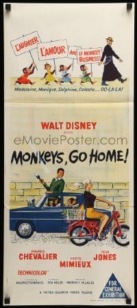 4r811 MONKEYS GO HOME Aust daybill '67 Disney, art of Maurice Chevalier, Yvette Mimieux & apes!