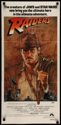 4r853 RAIDERS OF THE LOST ARK Aust daybill '81 great Richard Amsel artwork of Harrison Ford!