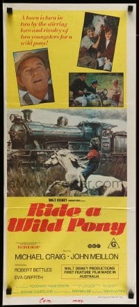 4r861 RIDE A WILD PONY Aust daybill '76 Disney, boy on white horse riding alongside train!
