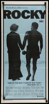 4r866 ROCKY Aust daybill '77 Sylvester Stallone with Talia Shire, boxing, blue background!