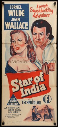 4r910 STAR OF INDIA Aust daybill '54 Cornel Wilde, Jean Wallace, Herbert Lom, different art!