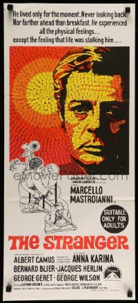 4r922 STRANGER Aust daybill '68 Luchino Visconti's Lo Straniero, cool art of Mastroianni!