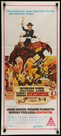 4r927 SUPPORT YOUR LOCAL GUNFIGHTER Aust daybill '71 wacky art of cowboy James Garner on donkey!