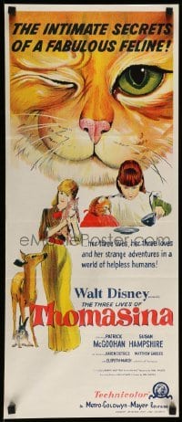 4r953 THREE LIVES OF THOMASINA Aust daybill '64 Walt Disney, great art of winking & smiling cat!