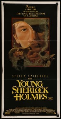 4r997 YOUNG SHERLOCK HOLMES Aust daybill '85 Steven Spielberg, Nicholas Rowe, cool detective art!