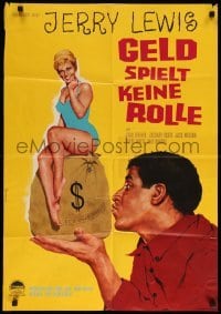 4r224 IT'S ONLY MONEY German '63 Peltzer art of private eye Jerry Lewis w/money bag & sexy girl!