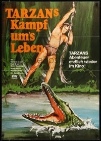 4r299 TARZAN'S FIGHT FOR LIFE German R69 art of Gordon Scott swinging on vine over alligator!