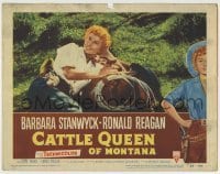 4s571 CATTLE QUEEN OF MONTANA LC #7 '54 c/u of cowgirl Barbara Stanwyck laying on her saddle!