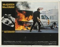 4s653 GETAWAY LC #5 '72 Steve McQueen with shotgun by burning police car, Sam Peckinpah classic!