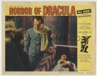 4s684 HORROR OF DRACULA LC #3 '58 Hammer, Peter Cushing as Van Helsing by girl in stone coffin!