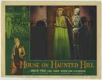 4s688 HOUSE ON HAUNTED HILL LC #7 '59 Carol Ohmart screams at wacky skeleton touching her shoulder!