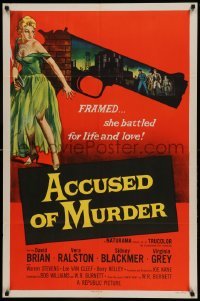 4t021 ACCUSED OF MURDER 1sh '57 cool sexy girl and gun noir image, she battled for life & love!