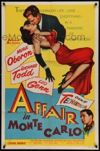4t026 AFFAIR IN MONTE CARLO 1sh '53 sexy Merle Oberon embraced by Richard Todd!