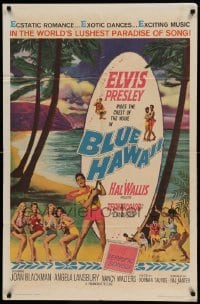 4t113 BLUE HAWAII 1sh '61 Elvis Presley plays a ukulele for sexy ladies on the beach!