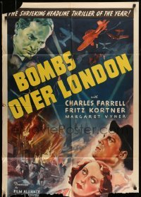 4t127 BOMBS OVER LONDON 1sh '39 artwork of large crowd watching bombers fly overhead!
