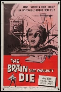 4t137 BRAIN THAT WOULDN'T DIE 1sh '62 alive w/o a body, great horror art of Leith by Reynold Brown