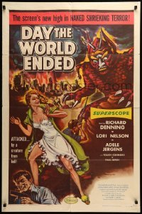 4t239 DAY THE WORLD ENDED 1sh '56 Roger Corman, great art of sexy Lori Nelson & wacky monster!