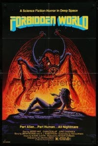 4t336 FORBIDDEN WORLD 1sh '82 Roger Corman, cool sci-fi art of giant monster attacking sexy girl!