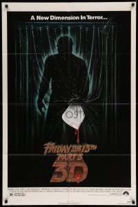 4t342 FRIDAY THE 13th PART 3 - 3D 1sh '82 slasher sequel, art of Jason stabbing through shower!