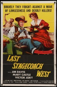 4t521 LAST STAGECOACH WEST 1sh '57 art of Jim Davis & Mary Castle w/guns on runaway stagecoach!