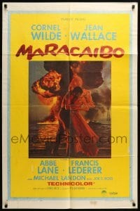 4t557 MARACAIBO 1sh '58 romantic artwork of Cornel Wilde & Jean Wallace in front of explosion!