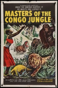 4t566 MASTERS OF THE CONGO JUNGLE style B 1sh '60 art of native, pangolin, guerillas, hippo & lion!