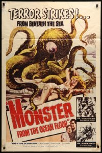 4t587 MONSTER FROM THE OCEAN FLOOR 1sh '54 cool art of the octopus beast attacking sexy girl!