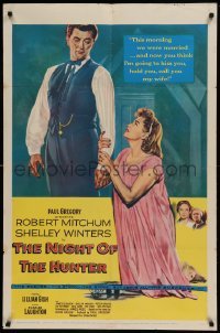 4t607 NIGHT OF THE HUNTER 1sh '56 Robert Mitchum & Winters, Laughton's classic noir!