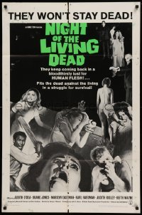 4t609 NIGHT OF THE LIVING DEAD 1sh '68 George Romero zombie classic, light green title design!