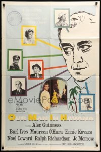 4t631 OUR MAN IN HAVANA 1sh '60 art of Alec Guinness, Graham Greene, directed by Carol Reed!