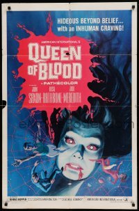 4t691 QUEEN OF BLOOD 1sh '66 Basil Rathbone, cool art of female monster & victims in her web!