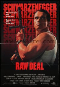 4t699 RAW DEAL 1sh '86 great image of tough guy Arnold Schwarzenegger with gun!