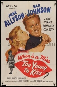 4t900 TOO YOUNG TO KISS 1sh '51 great romantic close up of Van Johnson & June Allyson!