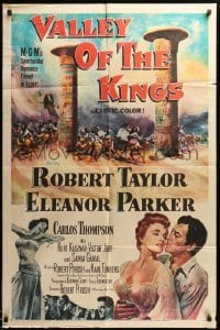 4t934 VALLEY OF THE KINGS 1sh '54 cool art of Robert Taylor & Eleanor Parker in Egypt!