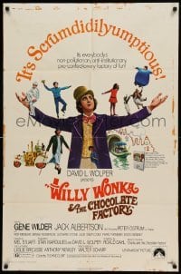 4t975 WILLY WONKA & THE CHOCOLATE FACTORY 1sh '71 Gene Wilder, it's scrumdidilyumptious!