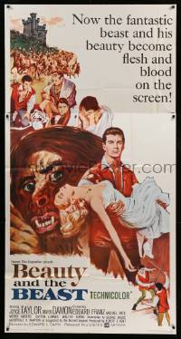 4w410 BEAUTY & THE BEAST 3sh '62 Mark Damon turns into a werewolf monster at night, cool artwork!
