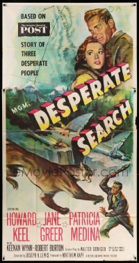 4w532 DESPERATE SEARCH 3sh '52 artwork of Jane Greer & Howard Keel trapped in the wild!