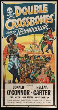 4w542 DOUBLE CROSSBONES 3sh '51 artwork of pirate Donald O'Connor & Helena Carter by ship!