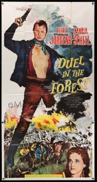 4w548 DUEL IN THE FOREST 3sh '58 artwork of barechested Curt Jurgens, Maria Schell