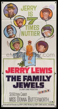 4w566 FAMILY JEWELS 3sh '65 Jerry Lewis is seven times nuttier in seven roles, wacky art!