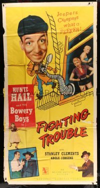 4w570 FIGHTING TROUBLE 3sh '56 voyeur Huntz Hall & the Bowery Boys, jeepers creepers what a peeker!