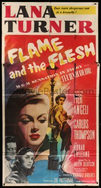 4w574 FLAME & THE FLESH 3sh '54 artwork of sexy brunette bad girl Lana Turner, plus Pier Angeli!