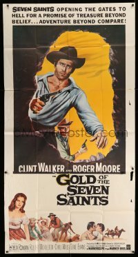 4w596 GOLD OF THE SEVEN SAINTS 3sh '61 Clint Walker, Roger Moore, the mystery of a thousand years!