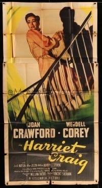 4w614 HARRIET CRAIG 3sh '50 full-length art of scared Joan Crawford by shadow on stairs!