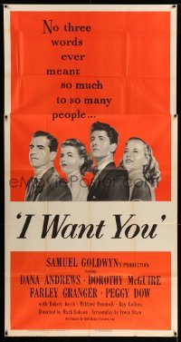 4w638 I WANT YOU style A 3sh '51 Dana Andrews, Dorothy McGuire, Farley Granger, Peggy Dow